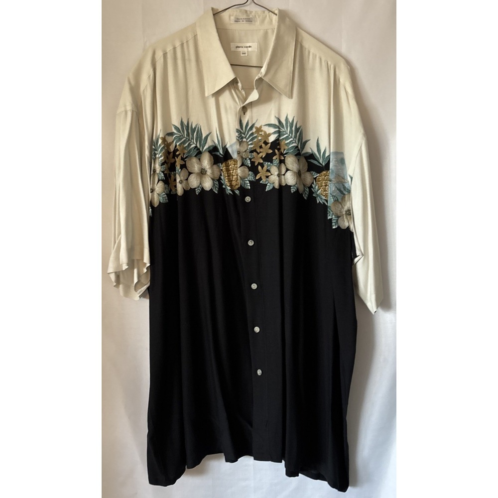 Pierre Cardin Shirt Mens 2XLT Tall Black Floral Hawaiian Cocktail Button Up Mint